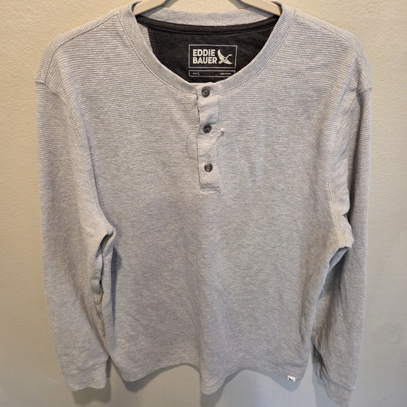 Eddie Bauer Mens Light Gray Waffle Knit Thermal Long Sleeve Henley Sz L - Picture 3 of 6